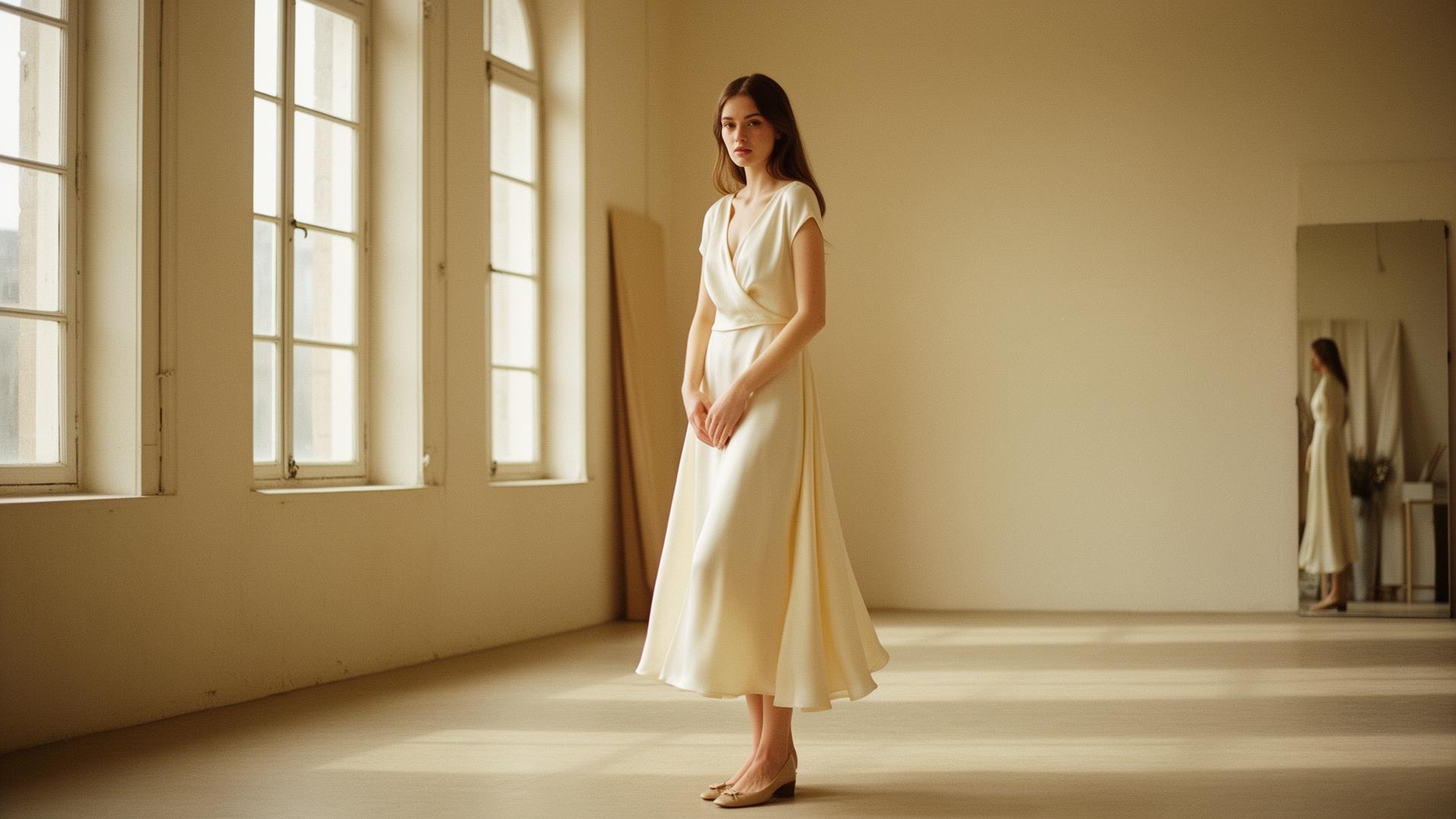 Woman in flowing silk dress